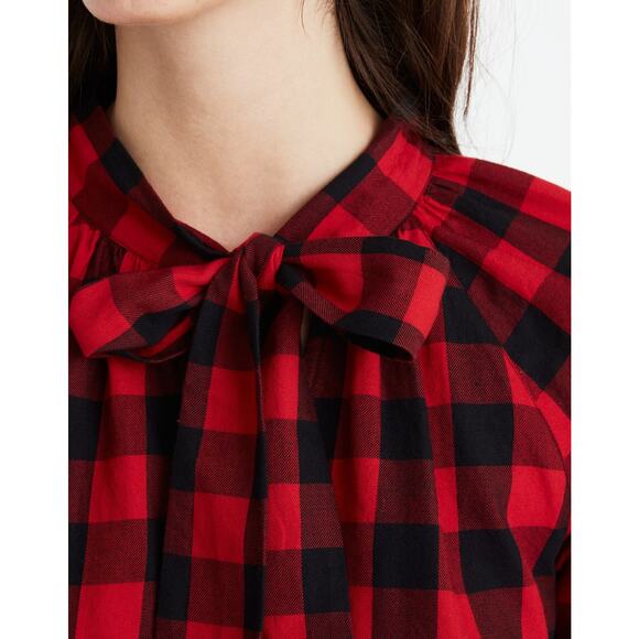 Madewell Buffalo Check Tie-Neck Shirt Red Black M - Picture 3 of 11